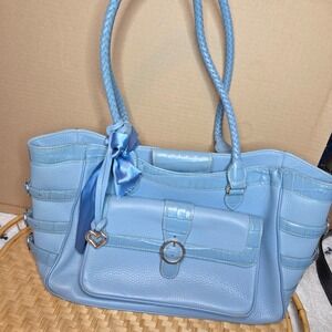Brighton Blue Leather‎ Satchel Handbag Braided Handles Heart Charm